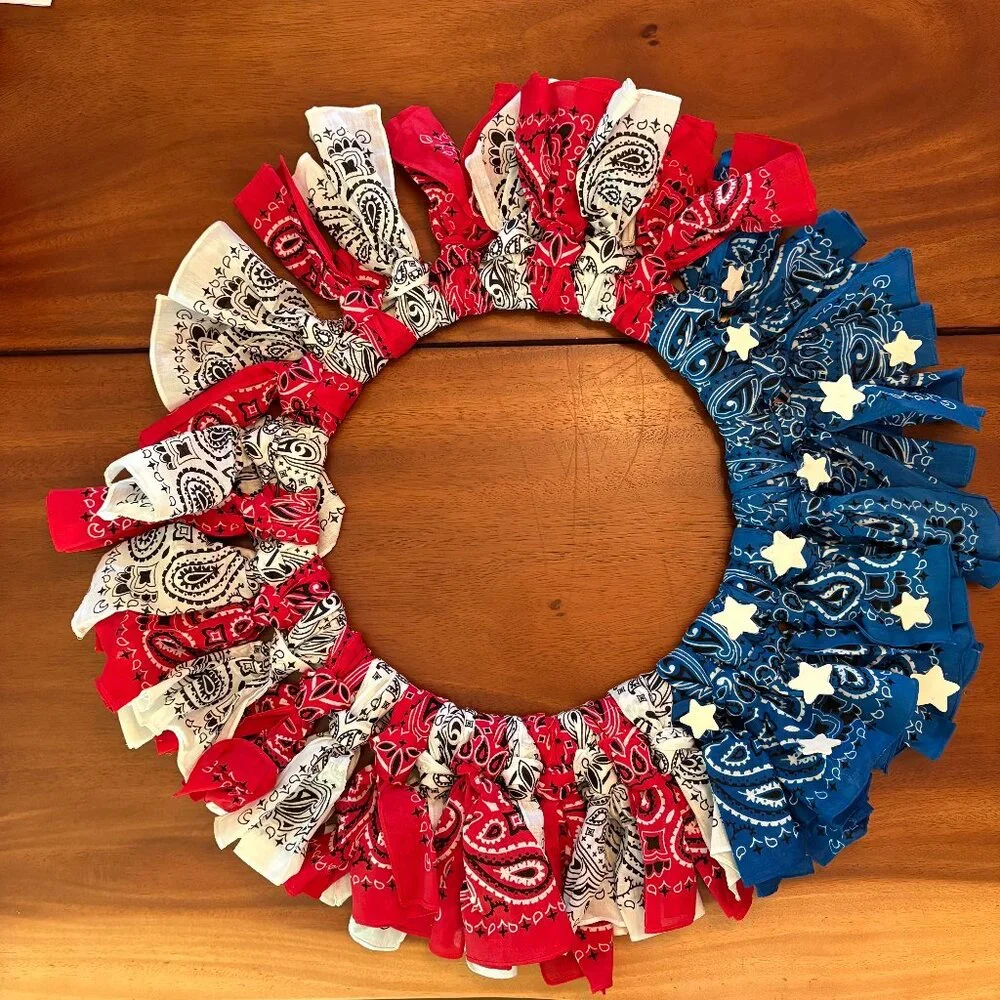 Handmade Patriotic Wreath Bandana Red White Blue Fourth of July 4th Veterans Day